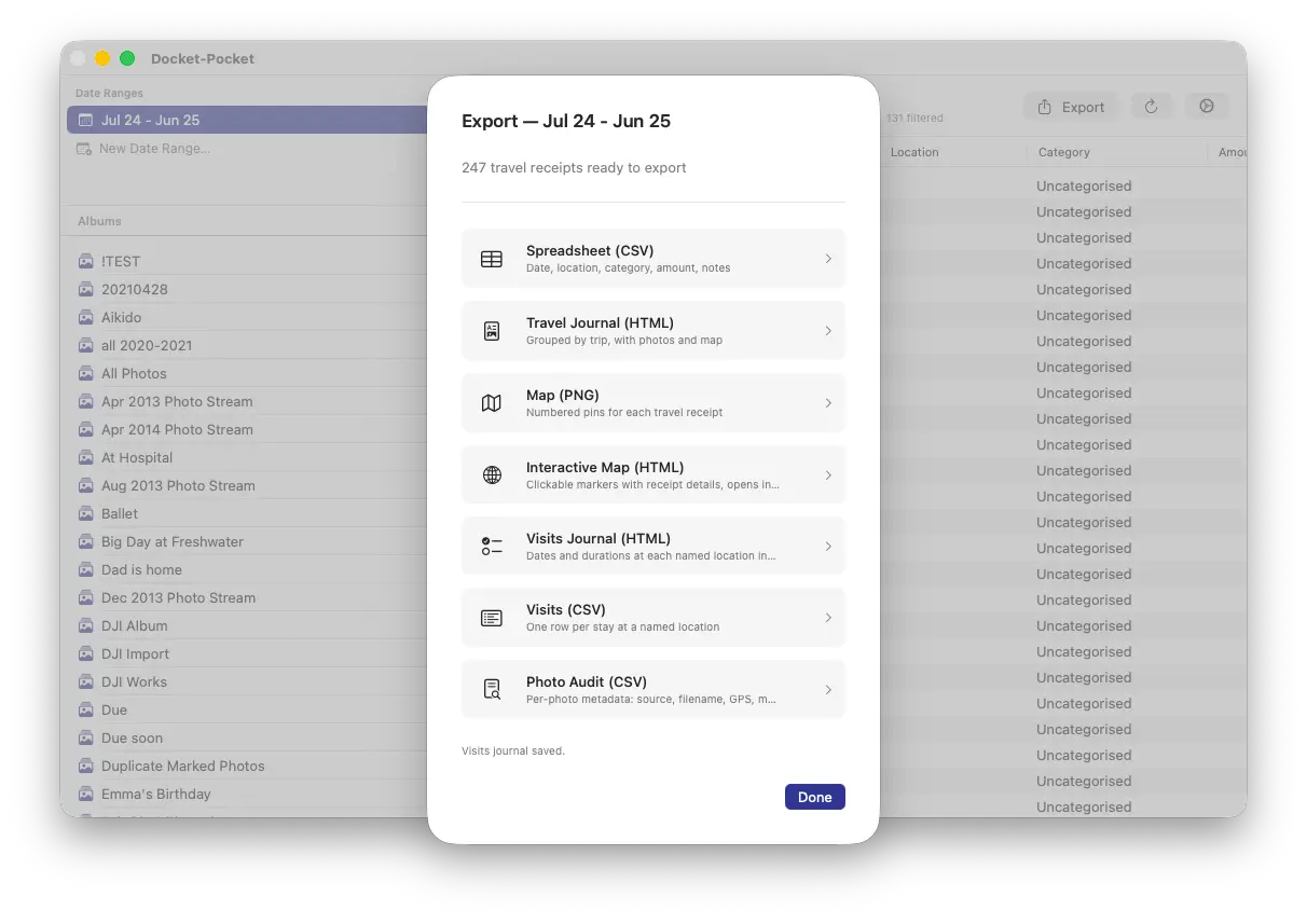 Export sheet showing seven output options: CSV, Travel Journal HTML, Map PNG, Interactive Map HTML, Visits Journal HTML, Visits CSV, Photo Audit CSV.