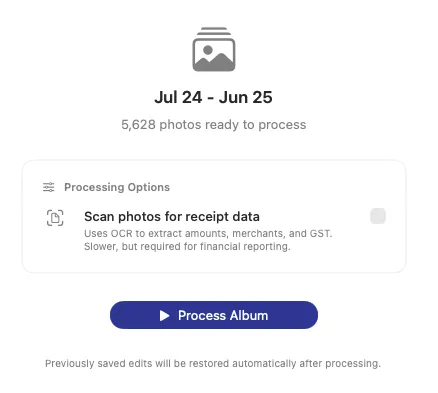 Setup screen: 5,628 photos ready to process with an optional 'Scan photos for receipt data' toggle and a Process Album button.