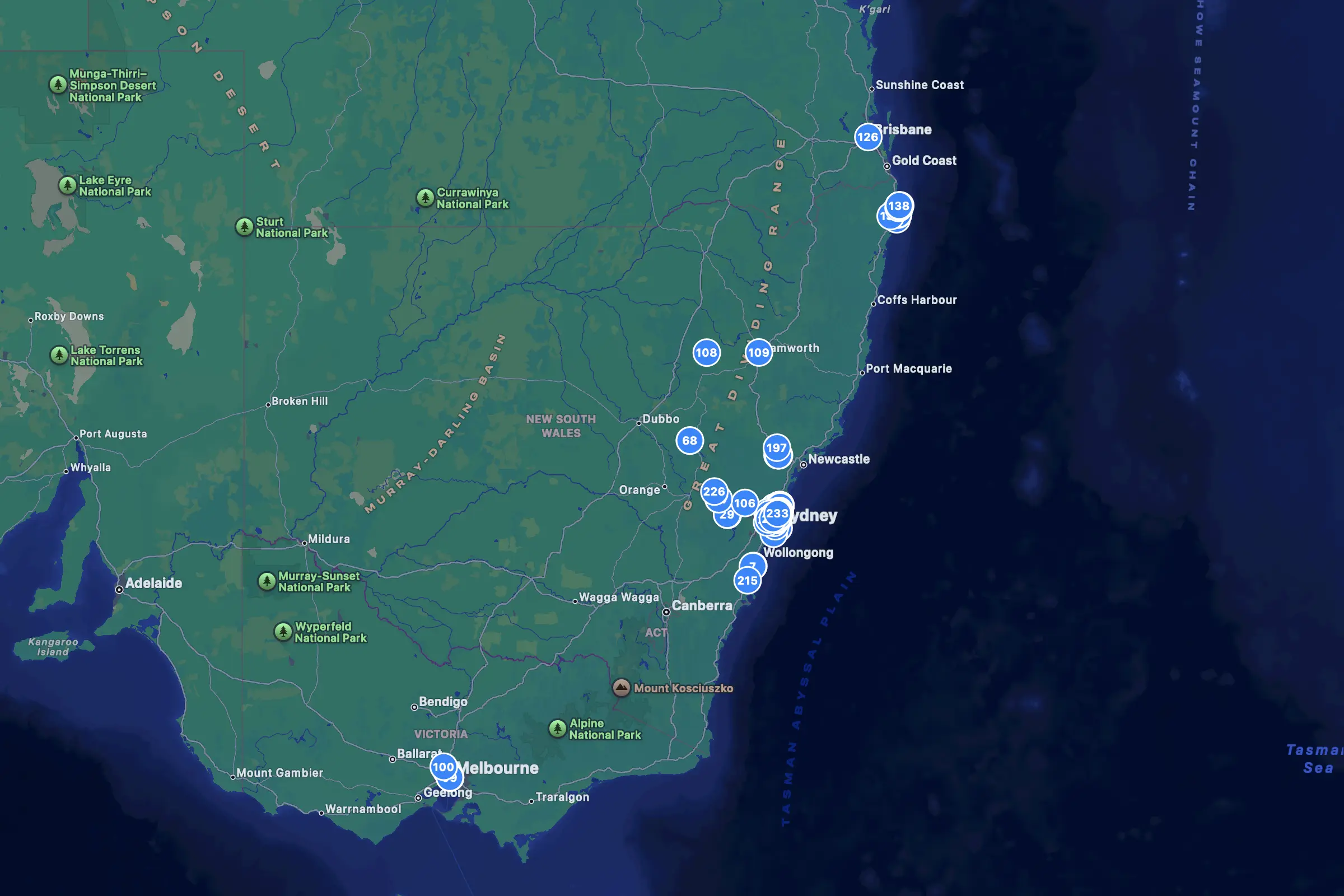 Map of eastern Australia with numbered pins clustered around Sydney, Melbourne, Brisbane, and coastal NSW